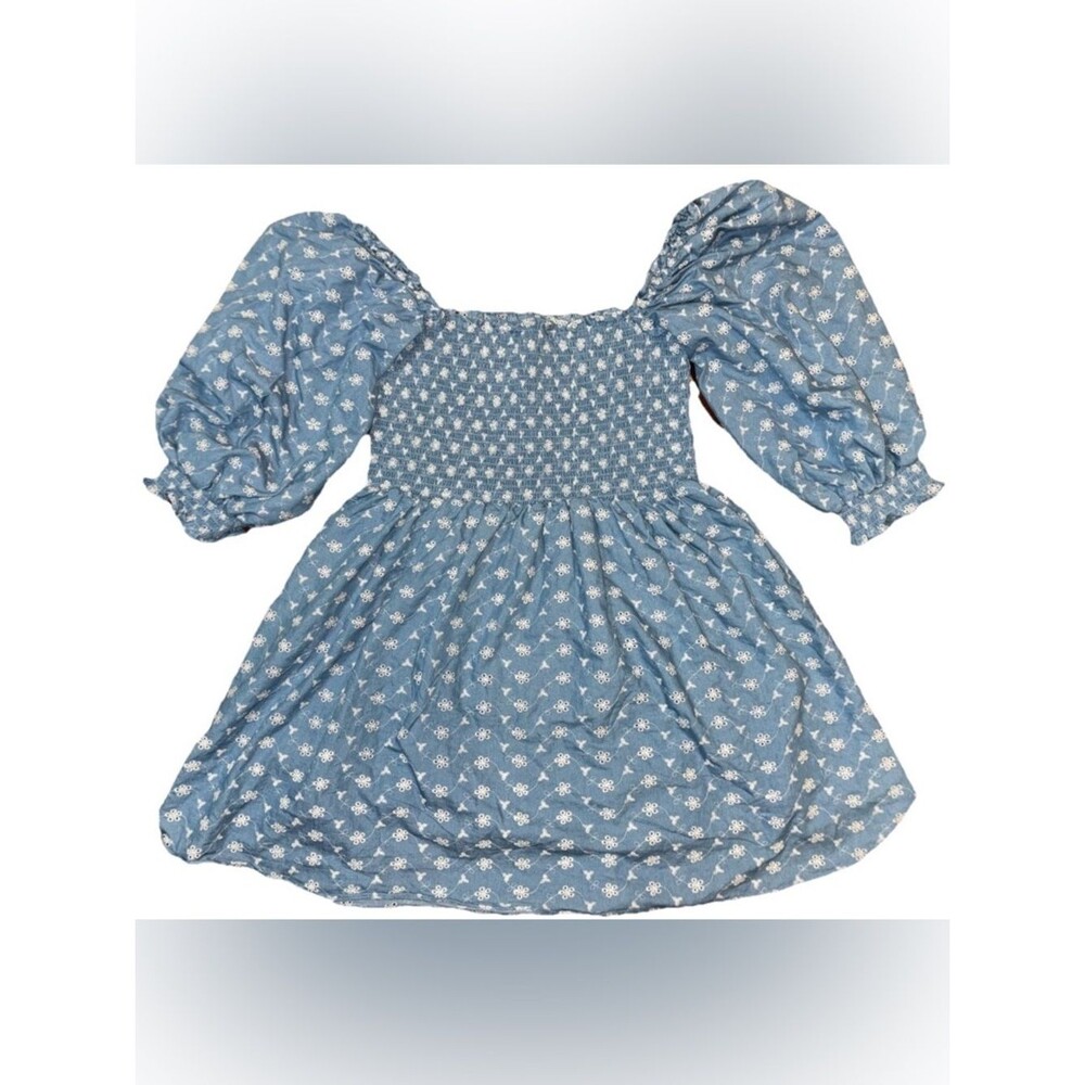 Kourt Portia Lassen Mini Babydoll Smocked & Puffed Sleeve Cotton Blue Dress-XL